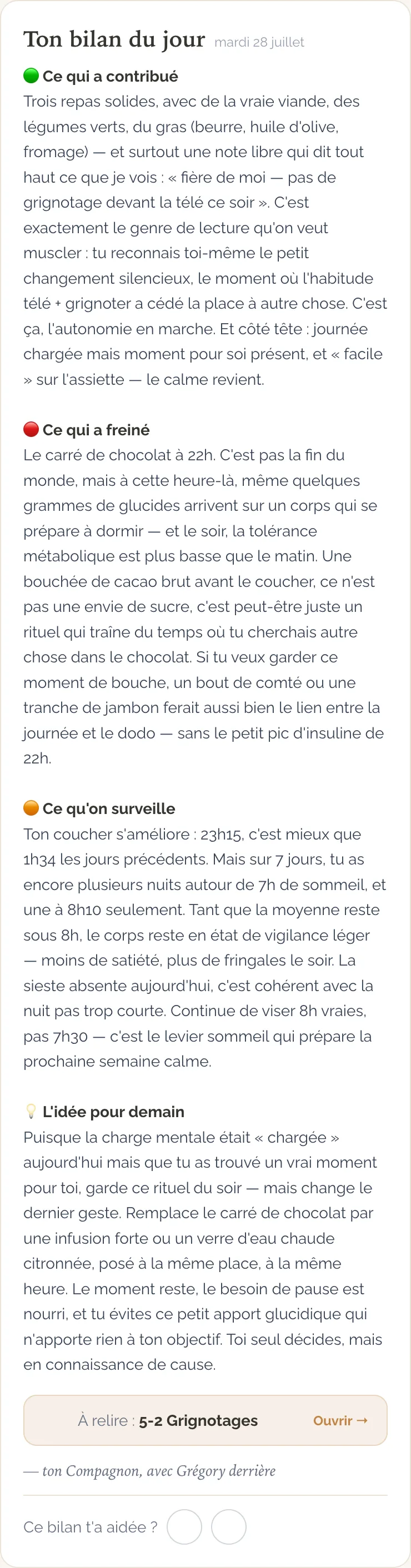 Le Compagnon — le bilan du jour écrit : ce qui a contribué, ce qui a freiné, l'idée pour demain