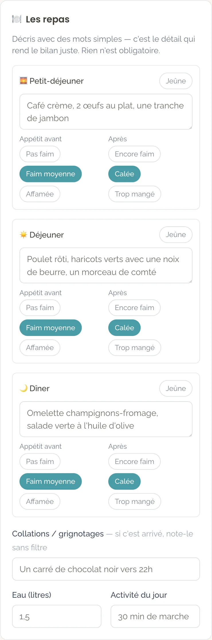 Le Compagnon — la fiche du soir : les repas décrits avec des mots simples, sans calories