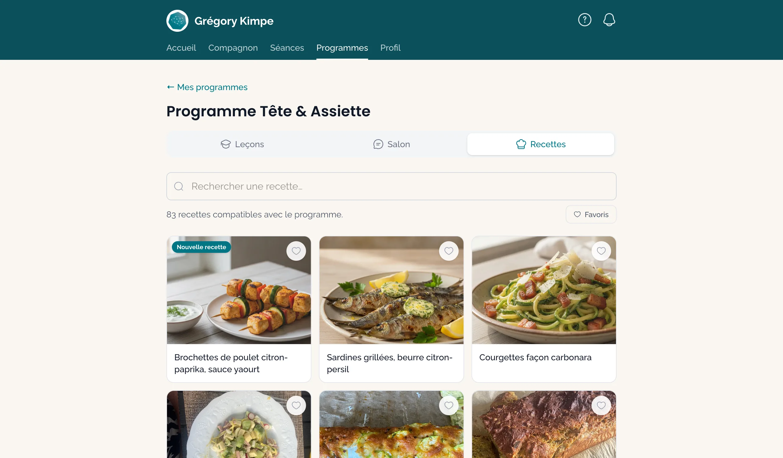 Aperçu de l'espace membres — la bibliothèque de recettes du programme Tête & Assiette