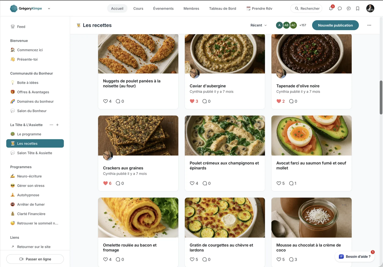 Aperçu de la plateforme membres Grégory Kimpe — section recettes du programme Tête & Assiette